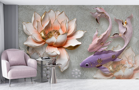 Hallway - 3D Mural Relief Lotus Fish Retro Bedroom Wallpaper