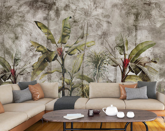 Living Room - Grey & Green Forest Trees – Botanical Wall Mural Wallpaper, Custom Size