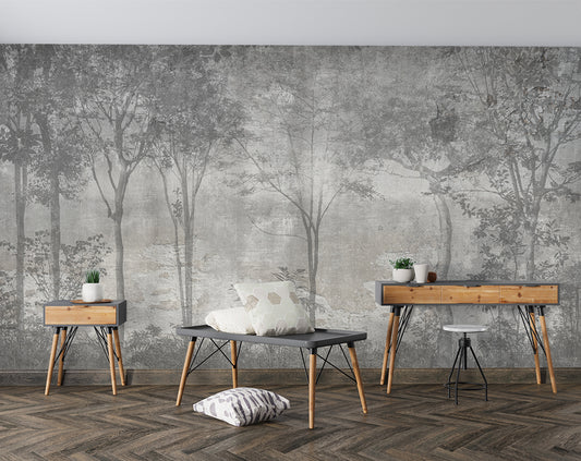 Living Room - Grey Forest Trees – Nature Wall Mural Wallpaper, Custom Size
