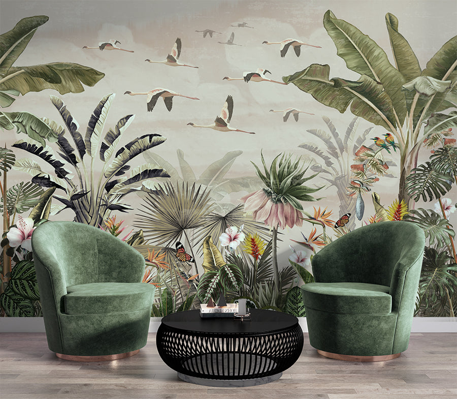 Tropical Forest And Birds Botanical Wallpaper