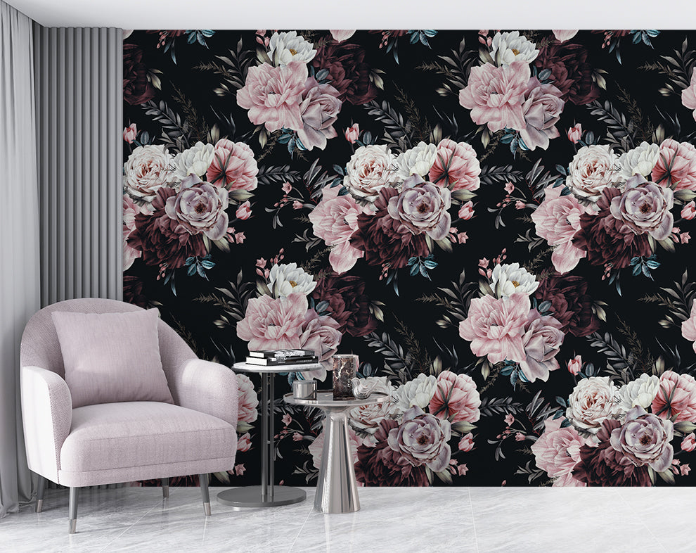 Vintage Dark Flowers Rose Wallpaper Roll