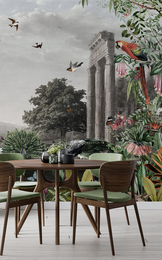 Dining Room - Vintage Peacock & Birds Landscape Wall Mural Wallpaper, Custom Size