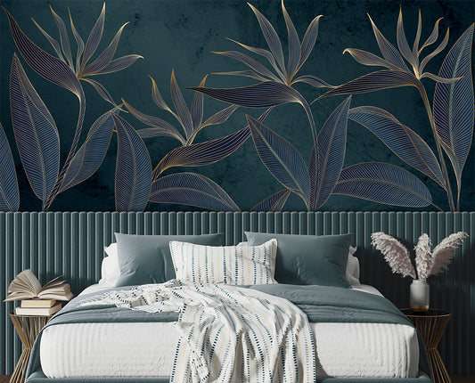 Golden Line Art Style Tropical Leaves Wallpaper