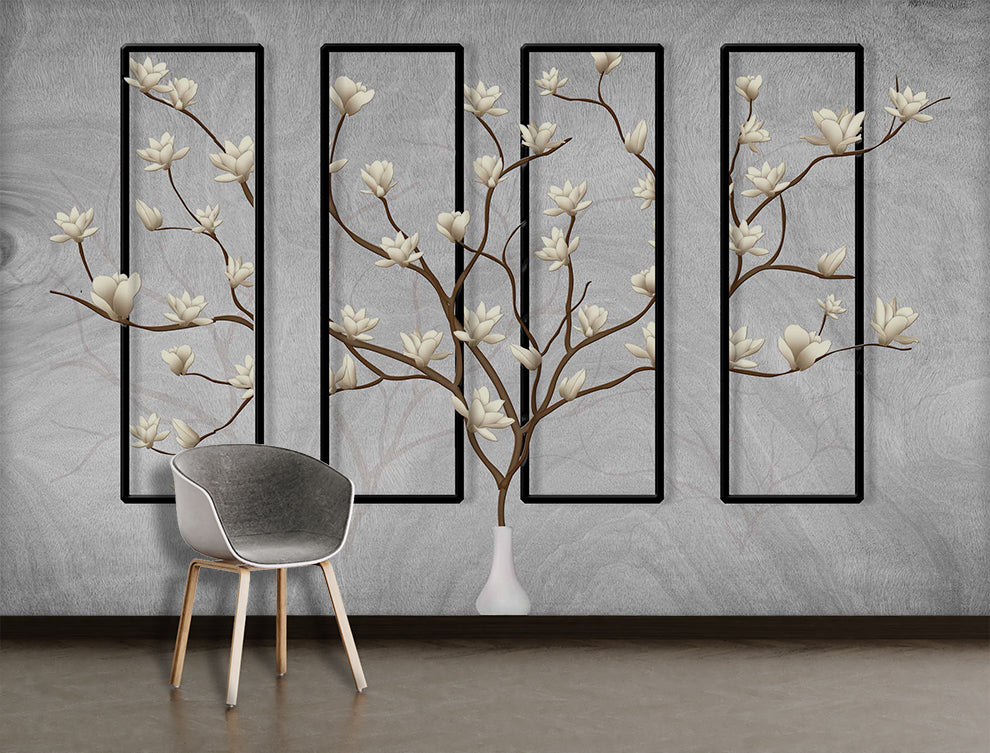 3D Floral & Square Frame Botanical Grey Wallpaper