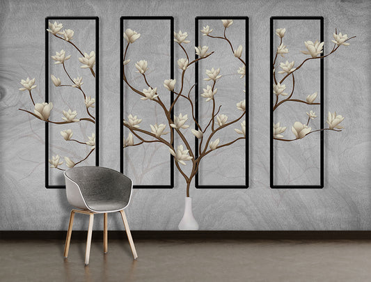 Living Room - 3D Floral & Square Frame Botanical Grey Wallpaper