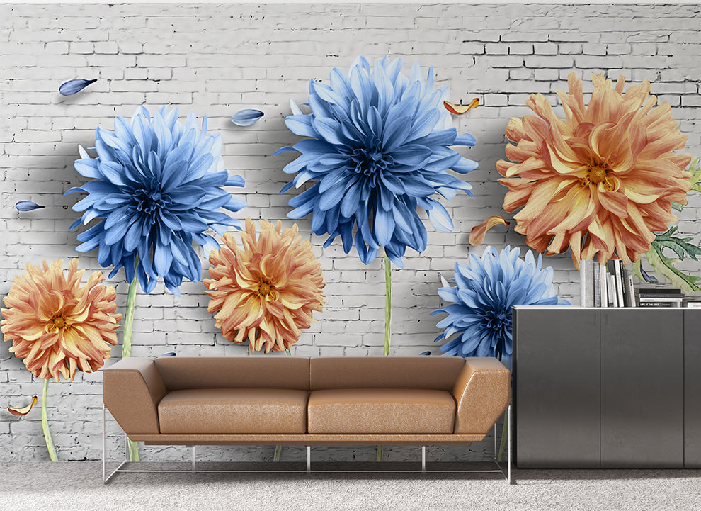 Blue And Orange 3D Daisy Flowers Wallpaper