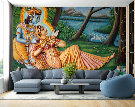 Radhakrishna Hand Draw Painting Mural Wallpaper