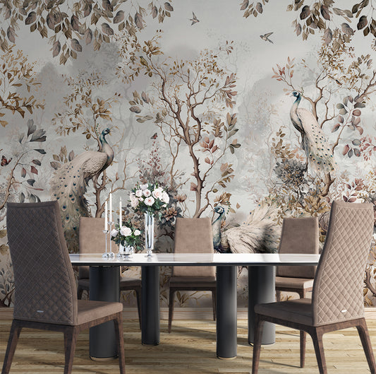 Dining Room - Chinoiserie Peacock – Botanical Wall Mural Wallpaper, Custom Size