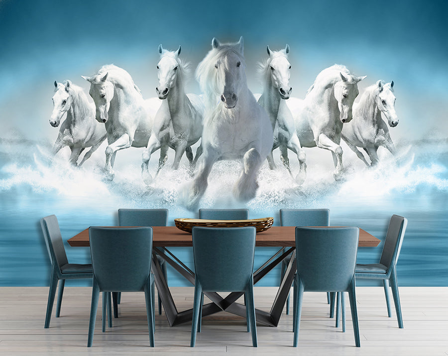 Seven White Horses Vastu Art Wallpaper