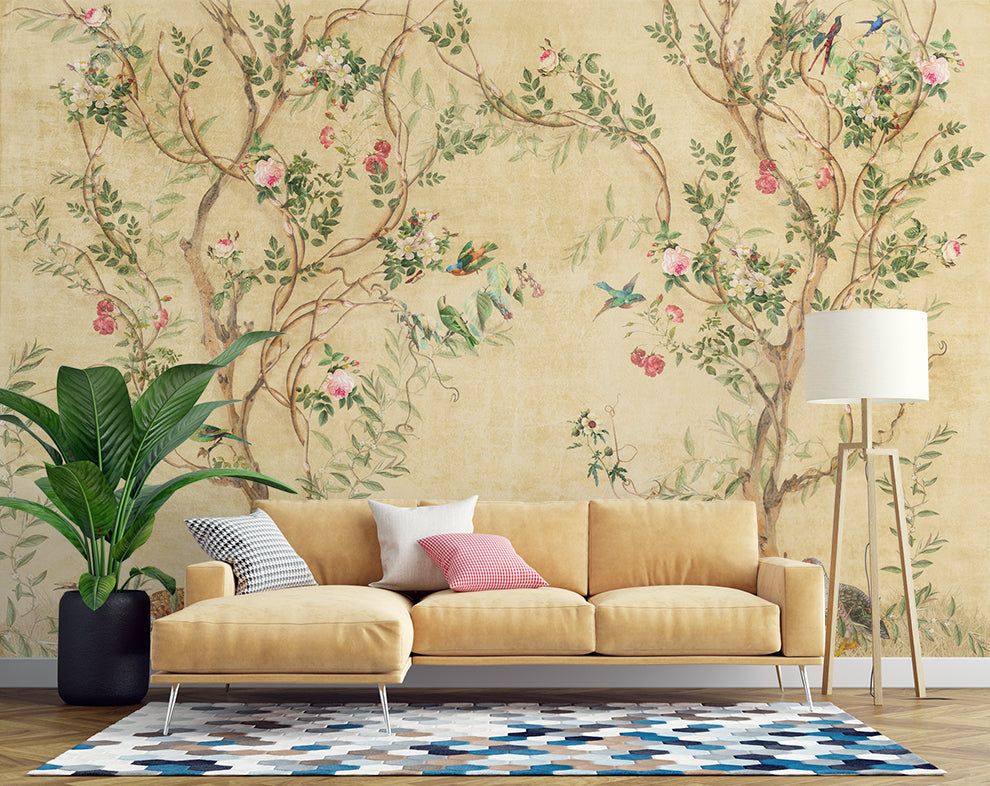 Beige Tree Floral Wallpaper for living room decor