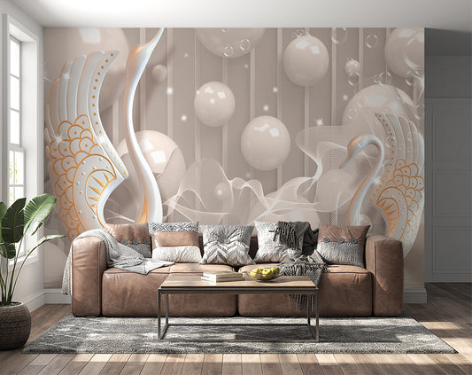 Living Room - Swans Purple Flowers Pearls 3D Wallpaper
