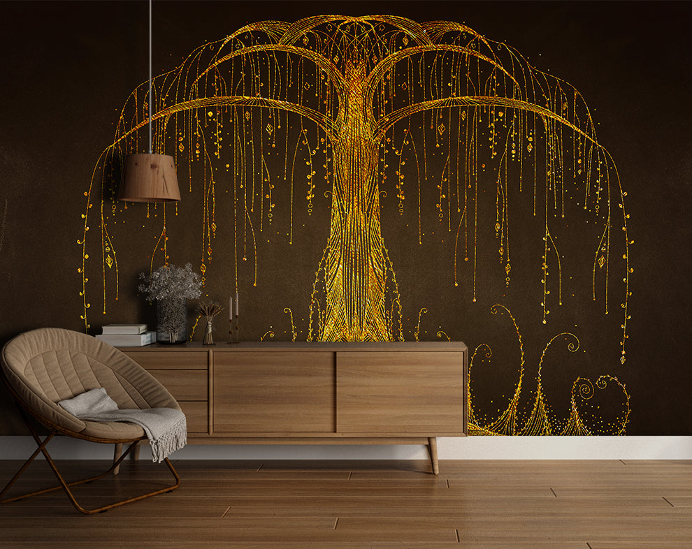 Abstract Golden Tree Mural Wallpaper