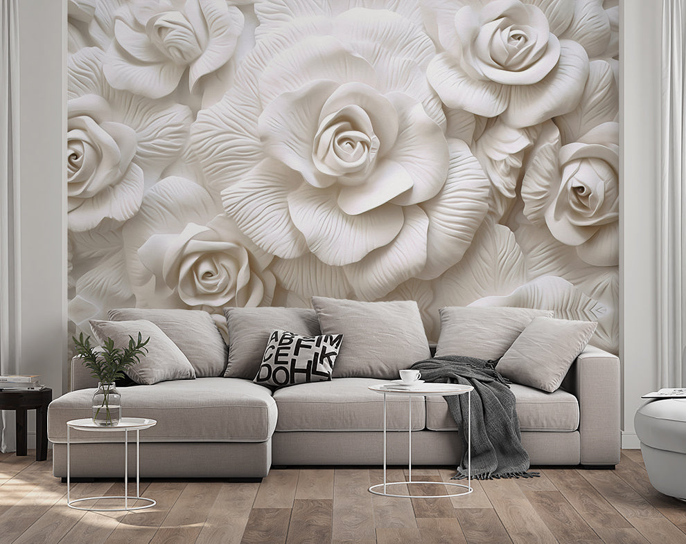 3D White Rose Flowers Wallpaper