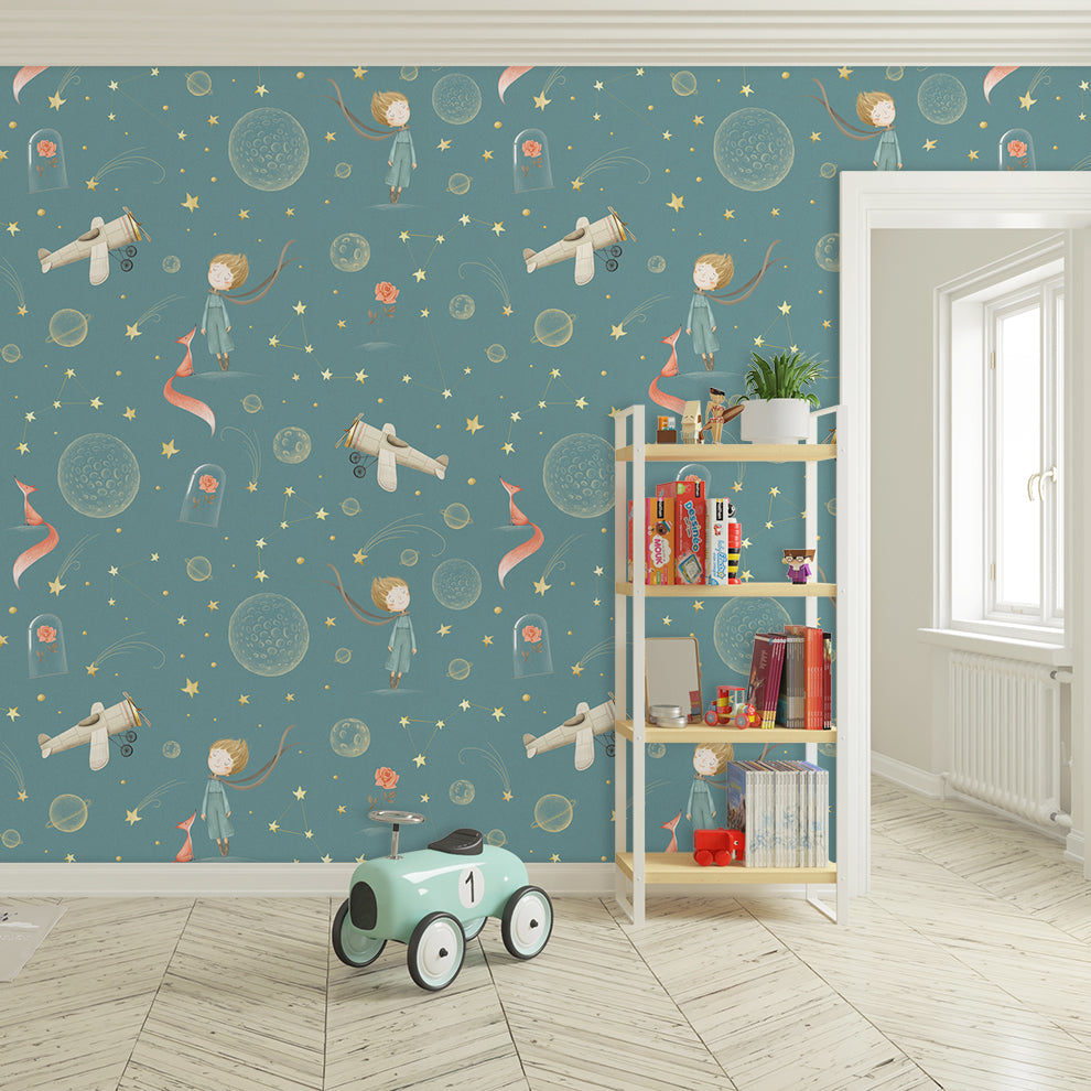 Airplane With Stars Nursery Boys Wallpaper