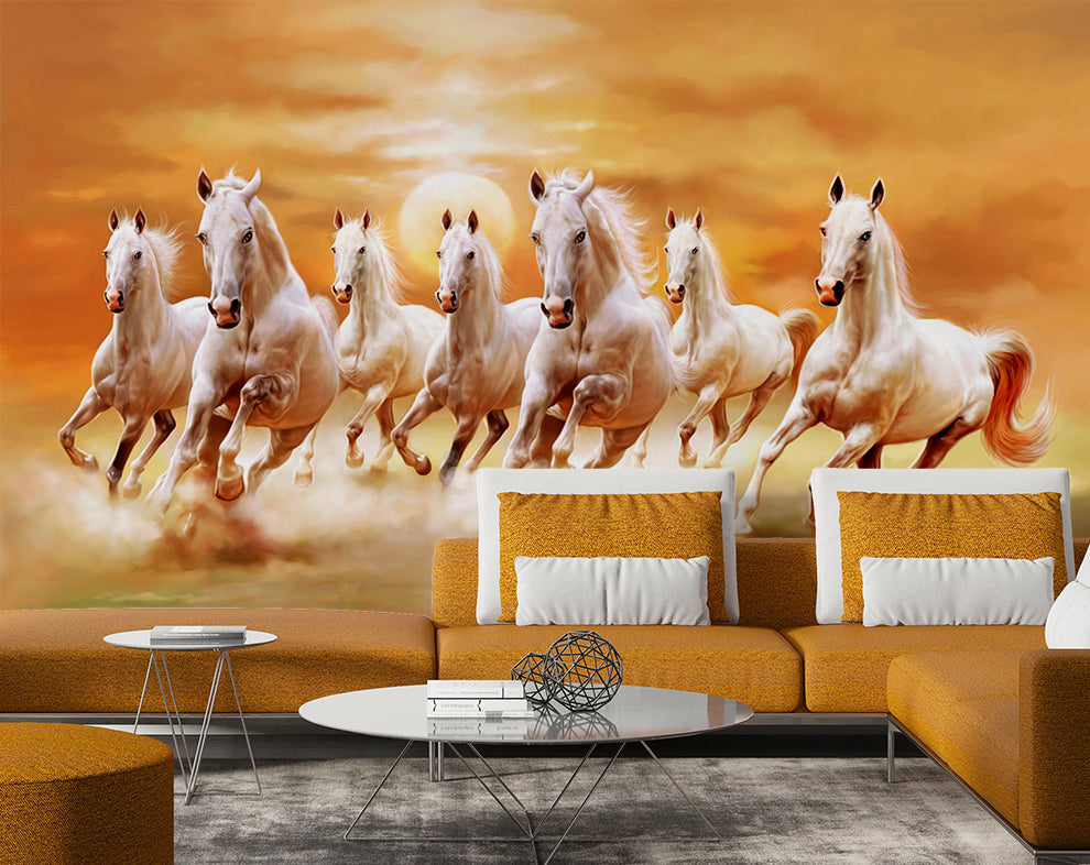 White Seven Horses Running Painting Wallpaper
