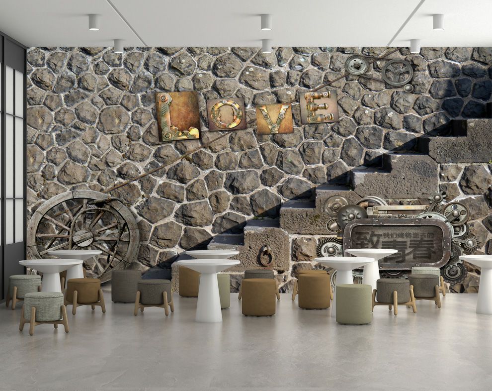 Stone Wall Art With Love Label Restaurant Cafe 3D Wallpaper