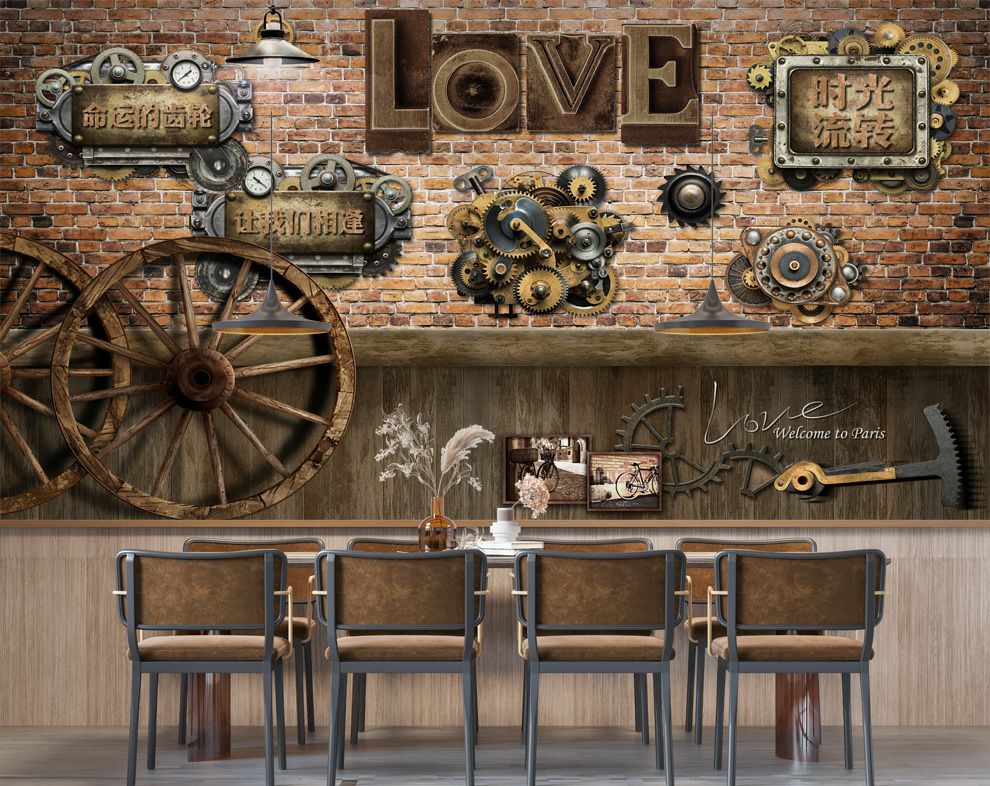 Restaurant and Cafe Brown Bricks Wooden Wheel Wallpaper for Walls