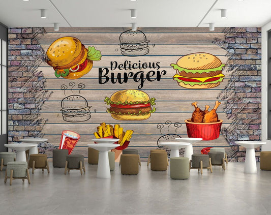 fast food icons cafe wallpaper for walls, food item on wood wallpaper