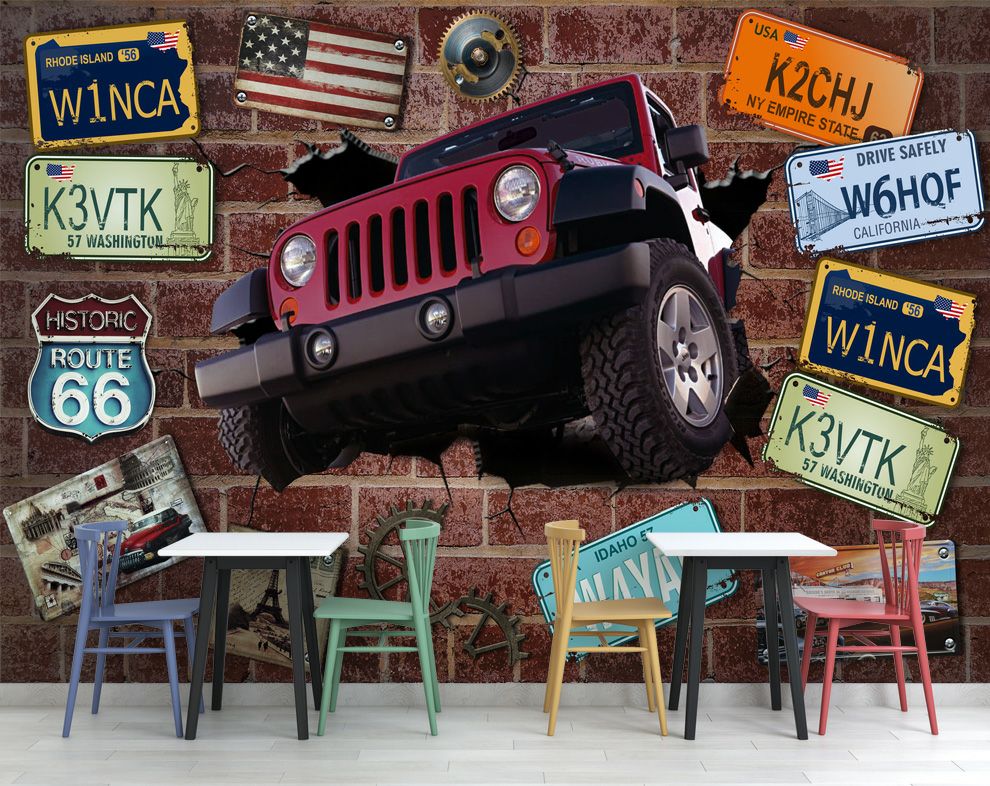 Broken Wall Jeep 3D Car Mural Bar And Restaurant Cafe Wallpaper