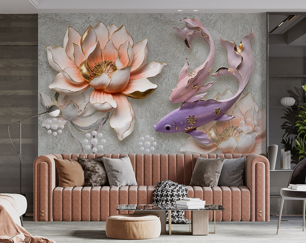 3D Mural Relief Lotus Fish Retro Bedroom Wallpaper