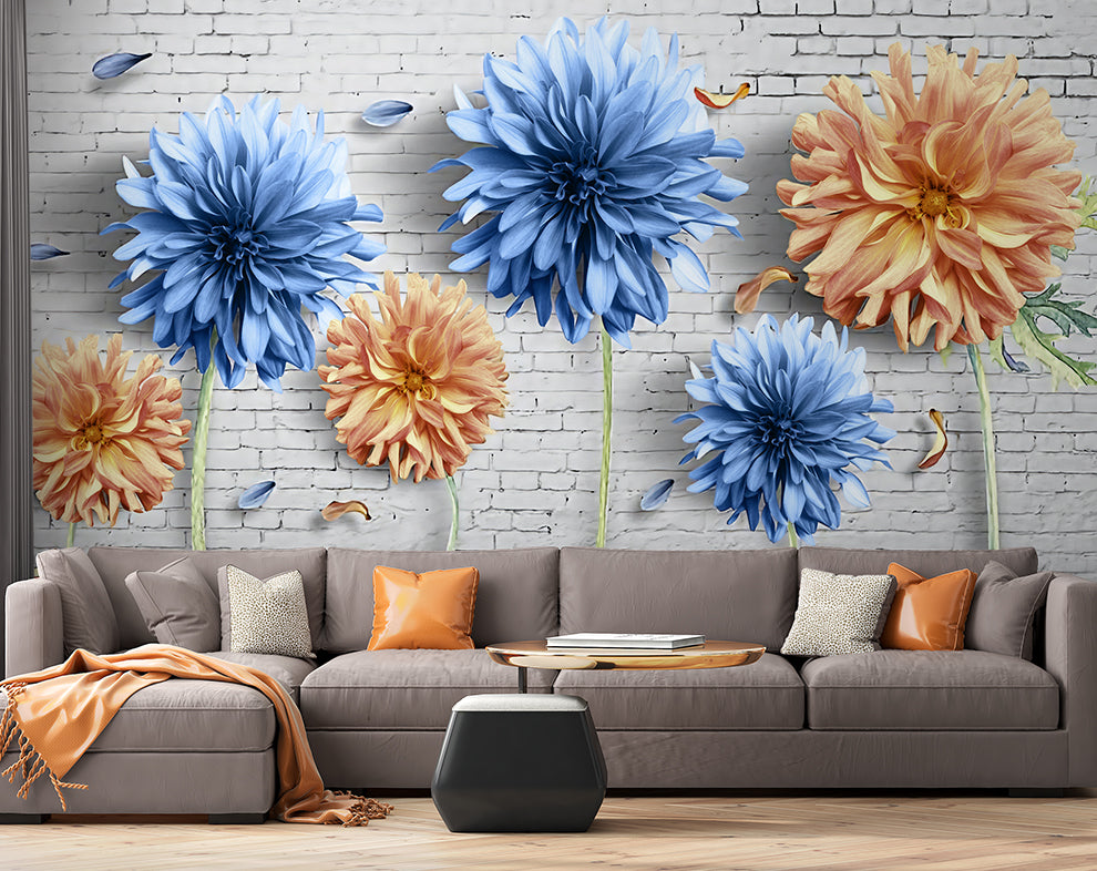 Blue And Orange 3D Daisy Flowers Wallpaper