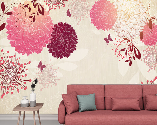 Living Room - Red Flowers Decorative Wallpaper