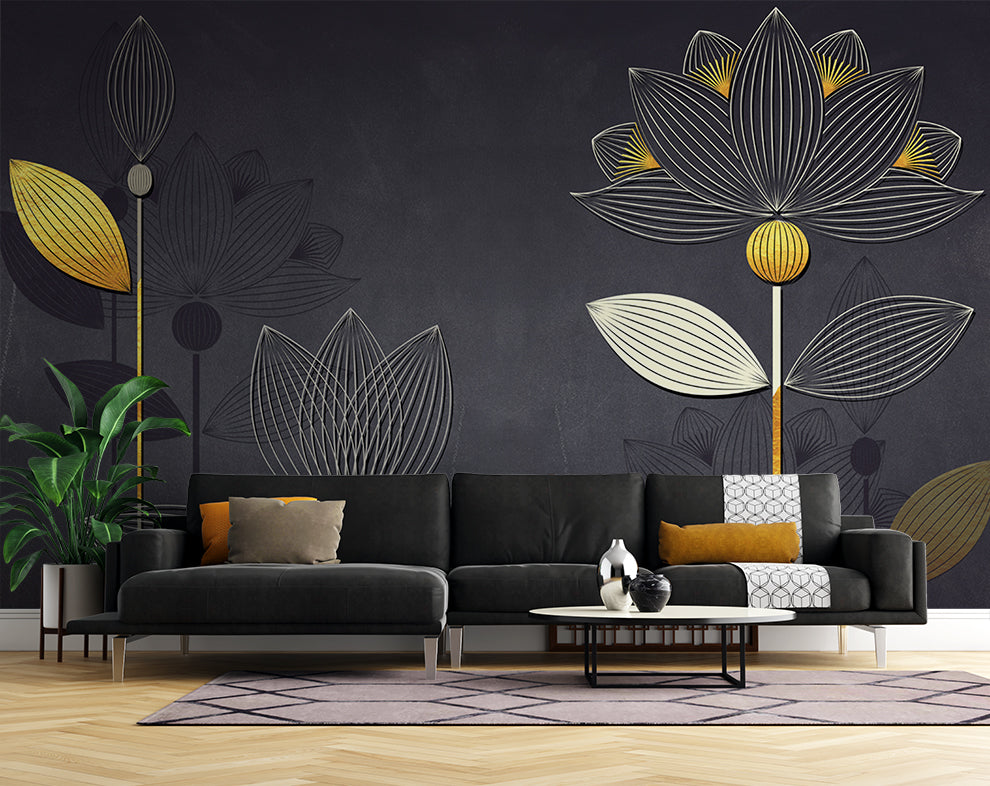 Luxury Golden Liner Lotus Wallpaper