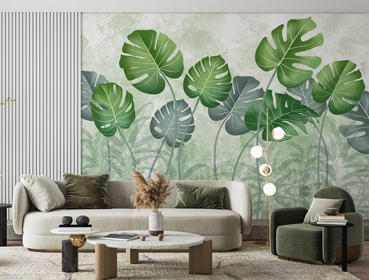 Living Room - Watercolor Green Tropical Wallpaper