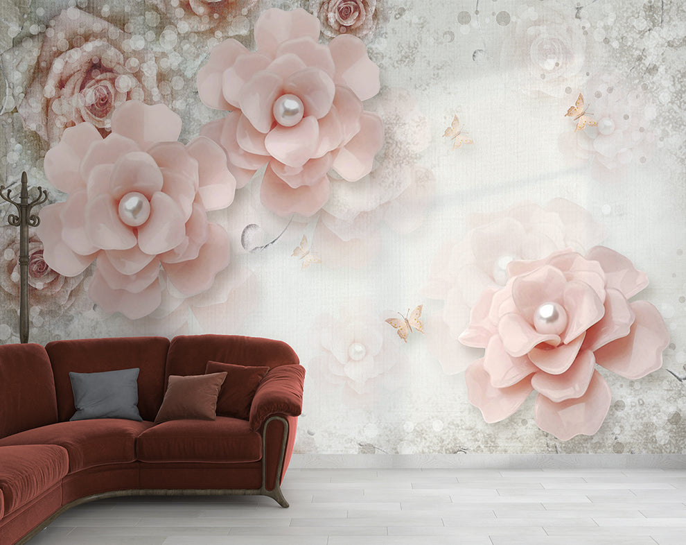 European Style Beautiful Elegant Pearl 3D Flower Wallpaper