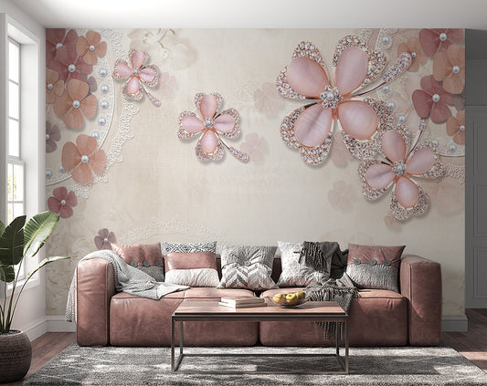 Living Room - Peach Color Flowers Jewelry pattern Wallpapers