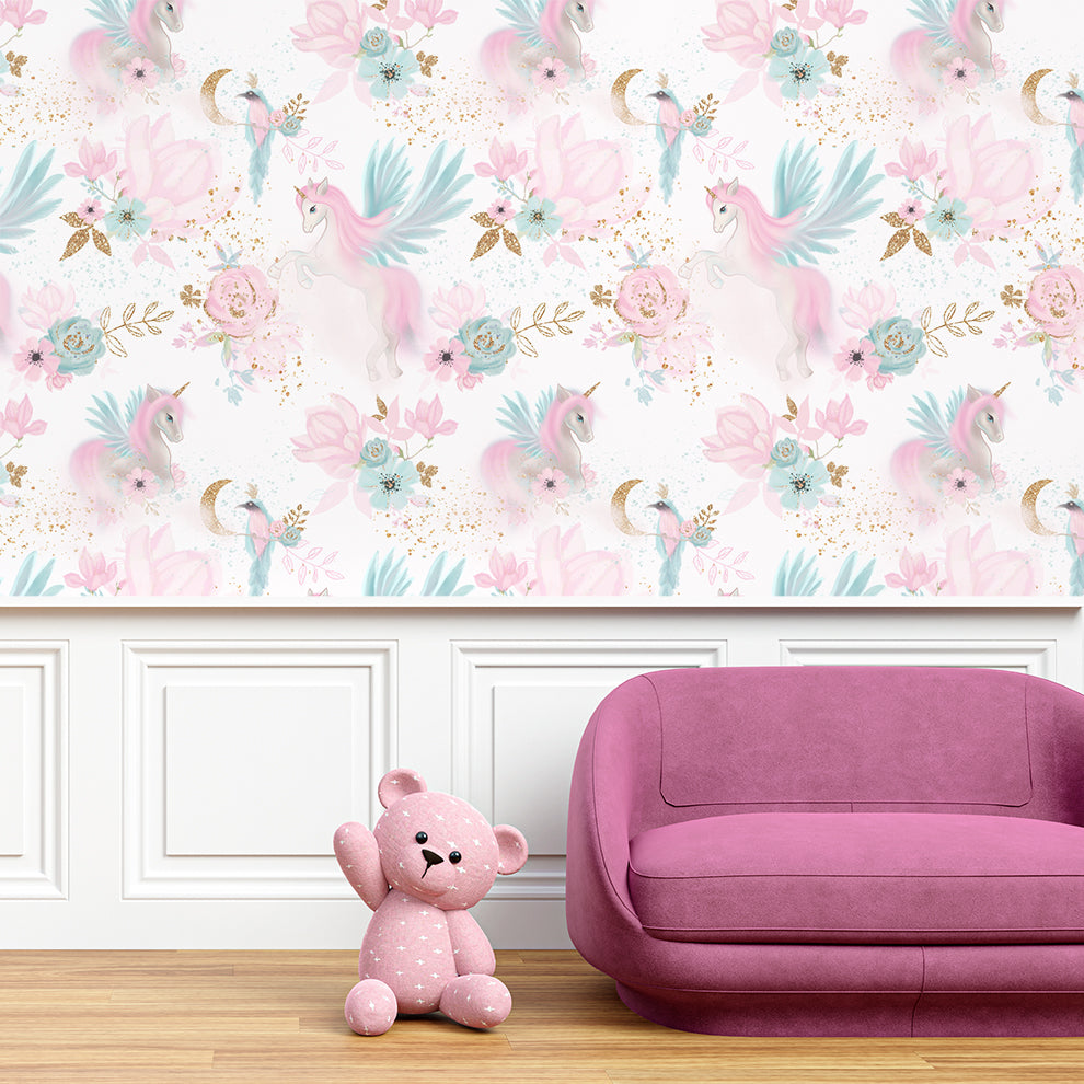 Magical Unicorn Fairy Baby Girl Room Wallpaper