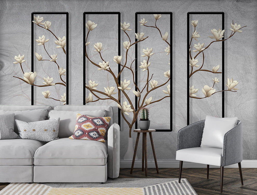 3D Floral & Square Frame Botanical Grey Wallpaper