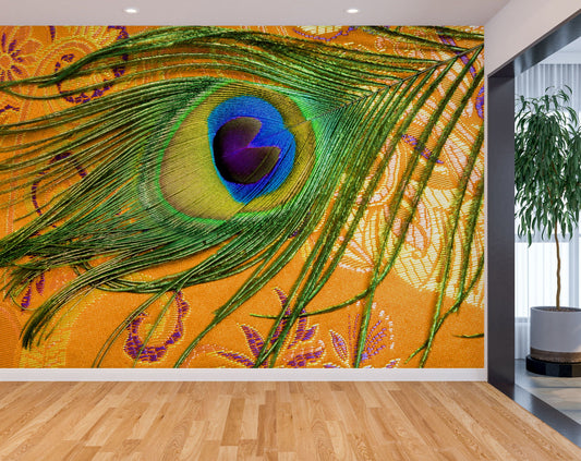 Pooja Room - Golden Peacock Feather Wall Mural Wallpaper, Custom Size