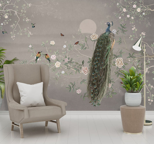 Living Room - Beautiful Peacock – Chinoiserie Wall Mural Wallpaper, Custom Size