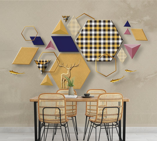 Dining Room - 3d geometric design and deer wallpaper