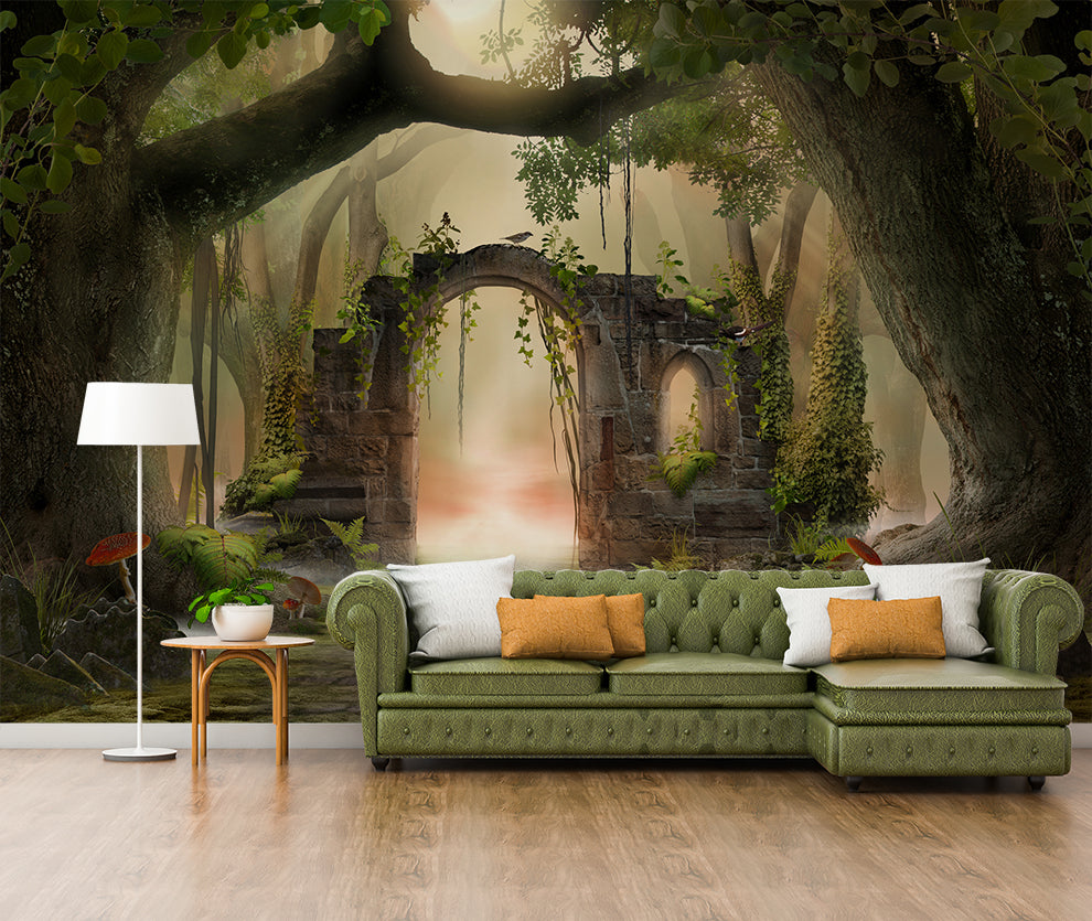 3D Effect Forest Tree Wallpaper For Living Room | Magical jungle wallpaper mural