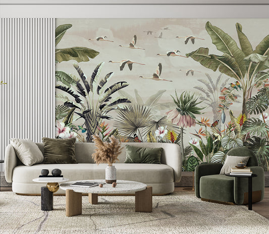 Living Room - Tropical Forest & Birds – Botanical Wall Mural Wallpaper, Custom Size