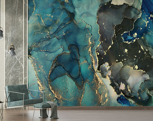 Living Room - Blue Marble Ink Abstract Art Wallpaper
