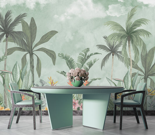 Dining Room - Tropical Paradise Palm Trees Wall Mural Wallpaper, Custom Size
