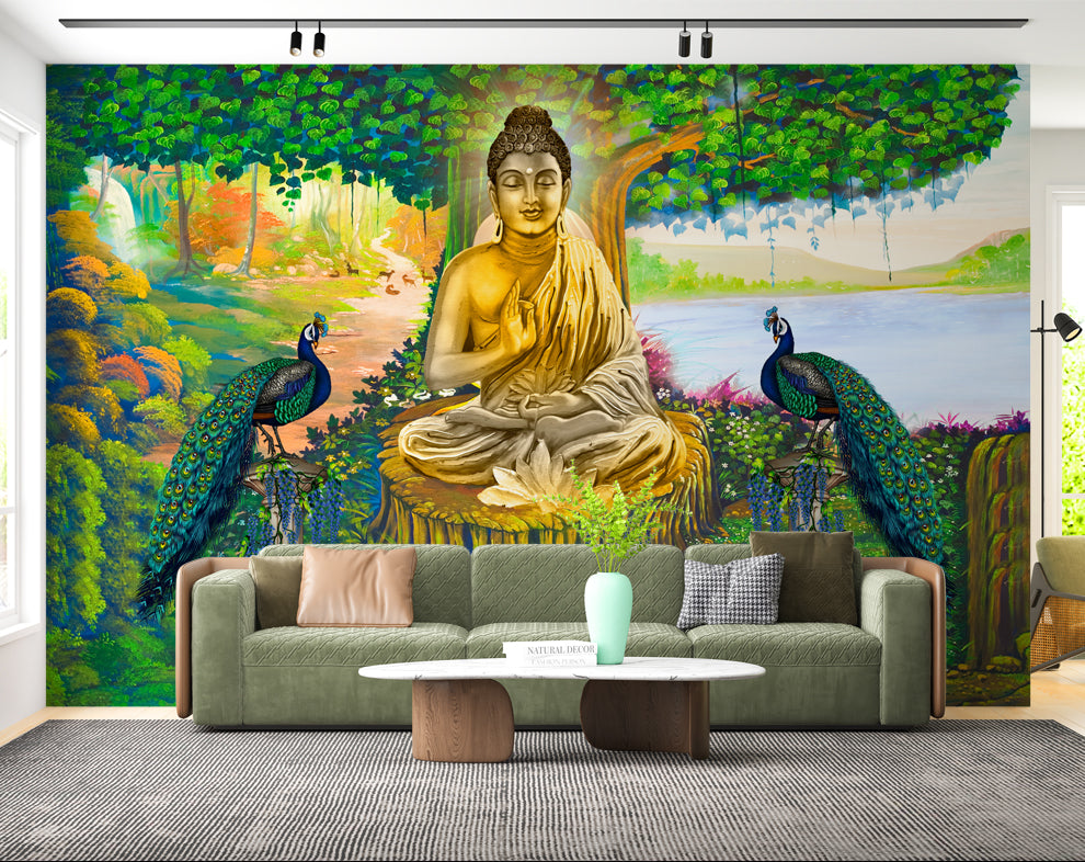 Gautam Buddha and Peacock 3D Mural Wallpaper