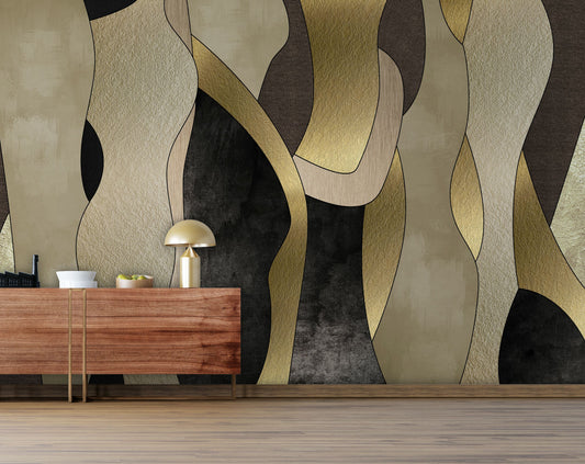 Living Room - Abstract Golden Black Creamy Modern Wallpaper