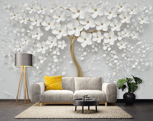 3d Golden tree and white flowers wallpaper | Living room wallpaper for walls
