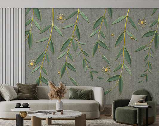 Living Room - Green Leaves And Yellow Dots Tropical Wallpaper