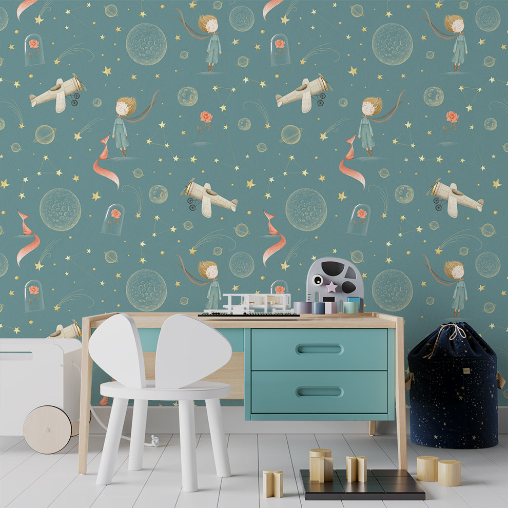 Airplane With Stars Nursery Boys Wallpaper