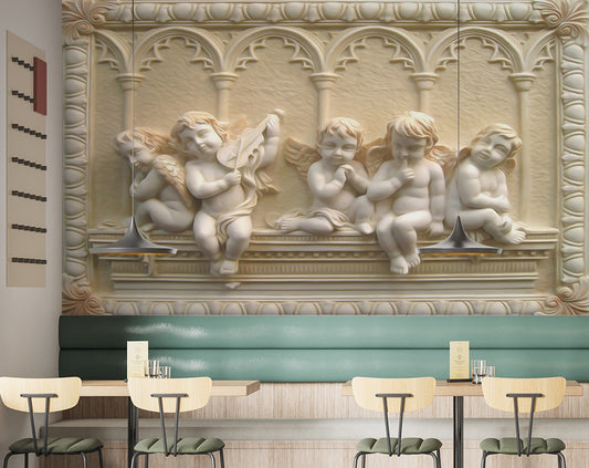 Living Room - Five Little Marble Angel with Wings Wallpaper 3d Wall Mural