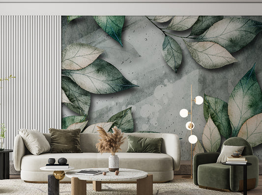 Living Room - 3D Botanical Green Leaves Art Wallpaper