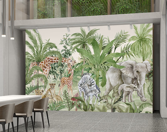 Watercolor Forest Animals Wallpaper For Wall, Jungle Safari Wallpaper, Animal Family Wallpaper (Copy)
