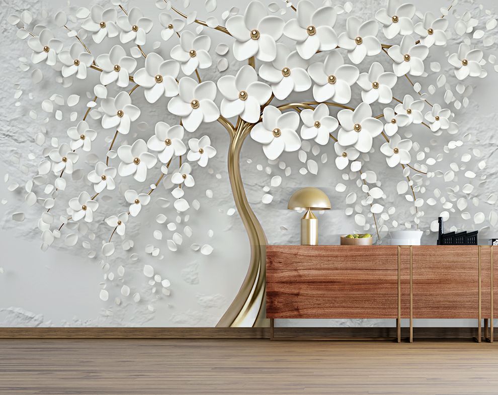 3d Golden tree and white flowers wallpaper | Living room wallpaper for walls