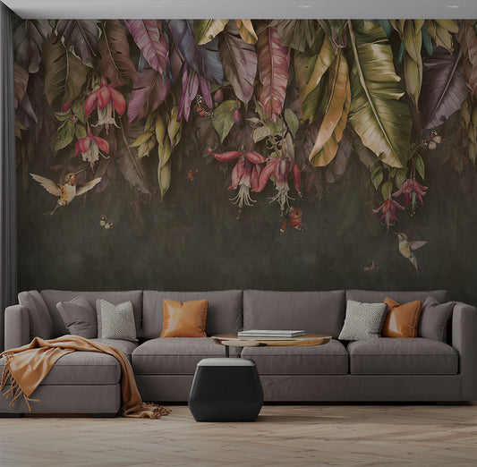 Living Room - Hanging Banana Leaves – Tropical Wall Mural Wallpaper, Custom Size