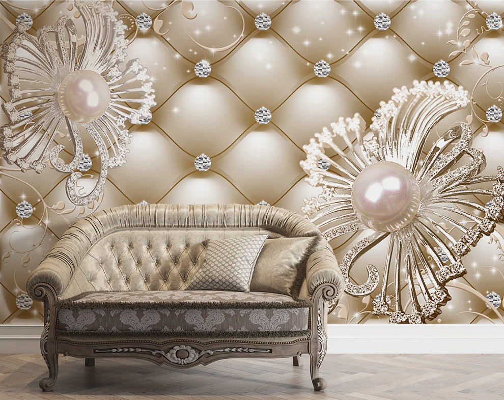 European Style 3D Diamond Flower Jewelry Murals Living Room Wallpaper